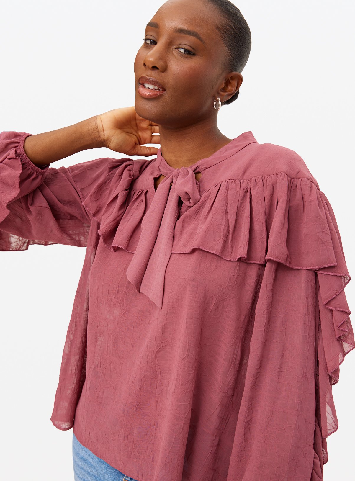 Dark Pink Tie Neck Frill Blouse 20 - Image 3 thumbnail